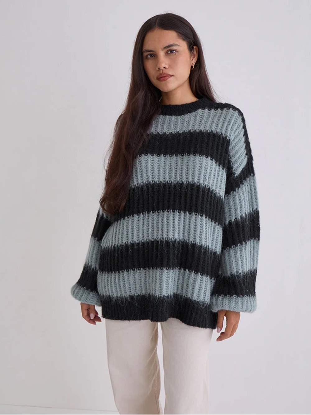 Motel Rocks Black and Gray Striped Crewneck Sweater